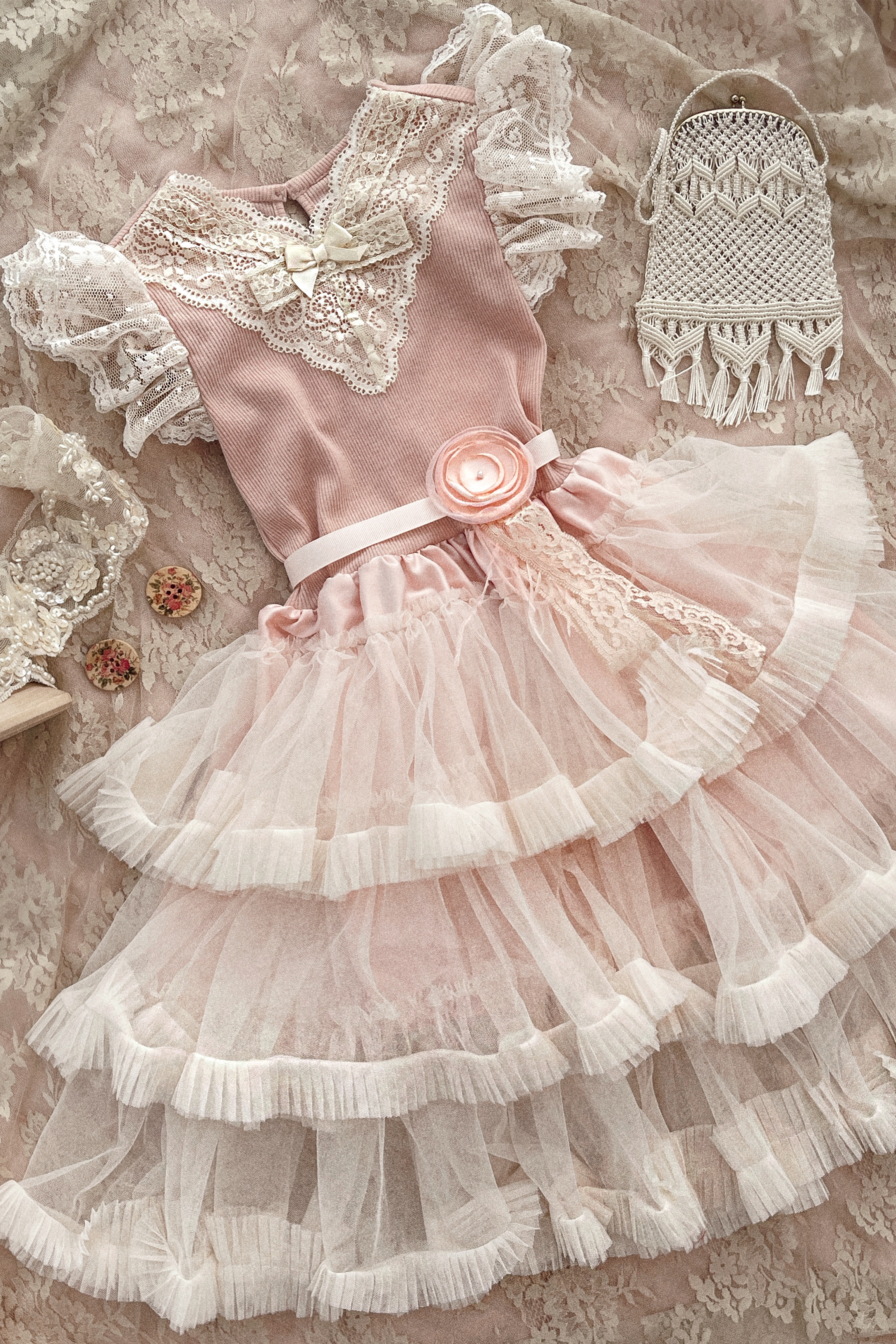 pink, dress, flower girl, dollcake, new, midi length, lace, ivory, front view