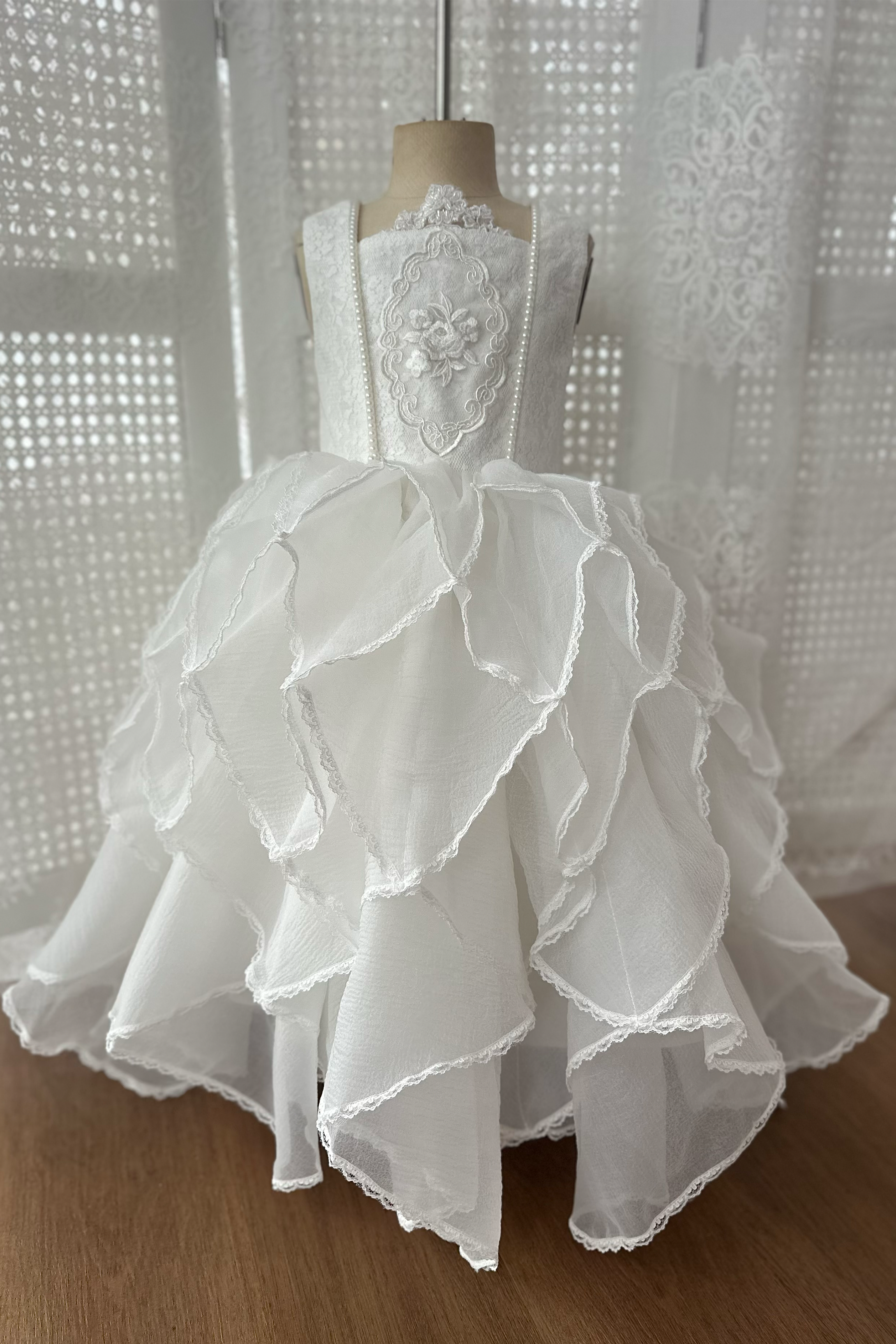 white, gown, dollcake,wedding,dress, flowergirl, front view