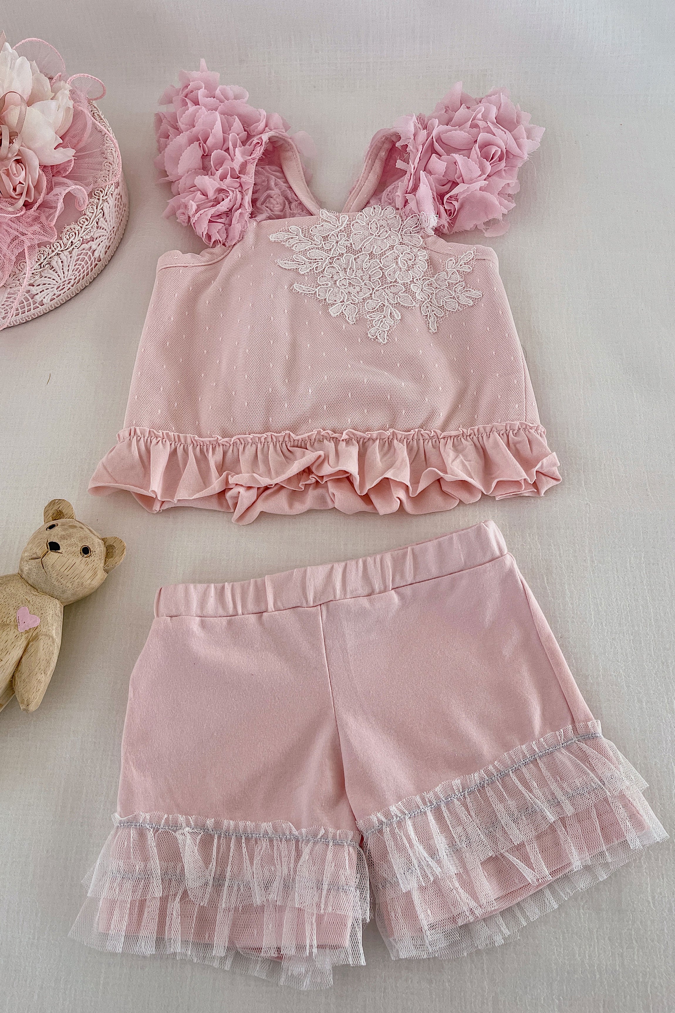 Bunny Kisses Set With Frill Shorts (Pink)